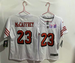 Women's Nike San Francisco 49ers #23 Christian McCaffrey White have the black outline With 2024 Super Bowl (LVIII ) patch Jersey