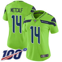 Women's Nike Seattle Seahawks #14 D.K. Metcalf With NFL 100th Season Patch Green Rush NFL Jersey