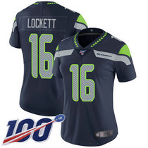 Women's Nike Seattle Seahawks #16 Tyler Lockett With NFL 100th Season Patch Blue Vapor Untouchable Limited Authentic Stitched NFL Jersey