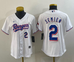 Women's Nike Texas Rangers #2 Marcus Semien White Champions Gold name Blue 2 front Authentic Stitched MLB Jersey