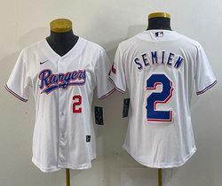 Women's Nike Texas Rangers #2 Marcus Semien White Champions Gold name Red 2 front Authentic Stitched MLB Jersey