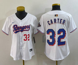 Women's Nike Texas Rangers #32 Evan Carter White Champions Gold name Red 32 front Authentic Stitched MLB Jersey