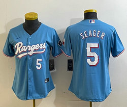 Women's Nike Texas Rangers #5 Corey Seager Light Blue #5 in front Authentic Stitched MLB Jersey