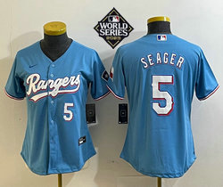 Women's Nike Texas Rangers #5 Corey Seager Light Blue 2023 World Series #5 in front Authentic Stitched MLB Jersey