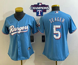 Women's Nike Texas Rangers #5 Corey Seager Light Blue 2023 World Series Champions Game Authentic Stitched MLB Jersey