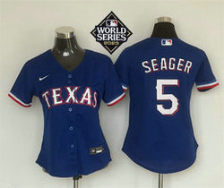 Women's Nike Texas Rangers #5 Corey Seager Light Blue 2023 World Series Texas Authentic Stitched MLB Jersey
