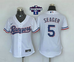 Women's Nike Texas Rangers #5 Corey Seager White 2023 World Series Champions Authentic Stitched MLB Jersey