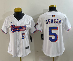 Women's Nike Texas Rangers #5 Corey Seager White Champions Gold name Blue 5 front Authentic Stitched MLB Jersey