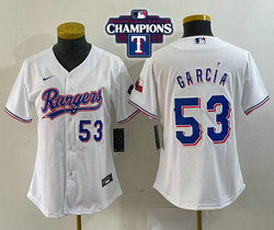 Women's Nike Texas Rangers #53 Adolis Garcia 53 in front 2023 World Series Champions White Authentic Stitched MLB Jersey