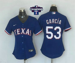 Women's Nike Texas Rangers #53 Adolis Garcia Blue 2023 World Series Champions Game Texas Authentic Stitched MLB Jersey