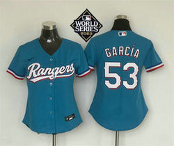 Women's Nike Texas Rangers #53 Adolis Garcia Light Blue 2023 World Series Authentic Stitched MLB Jersey