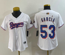 Women's Nike Texas Rangers #53 Adolis Garcia White Champions Gold name Authentic Stitched MLB Jersey