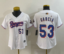 Women's Nike Texas Rangers #53 Adolis Garcia White Champions Gold name Blue 53 front Authentic Stitched MLB Jersey
