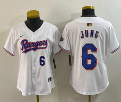 Women's Nike Texas Rangers #6 Josh Jung White Champions Gold name Blue 6 front Authentic Stitched MLB Jersey