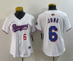 Women's Nike Texas Rangers #6 Josh Jung White Champions Gold name Red 6 front Authentic Stitched MLB Jersey