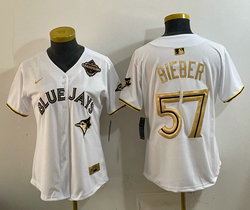 Women's Nike Toronto Blue Jays #57 Shane Bieber White Gold Champion Baseball Jersey