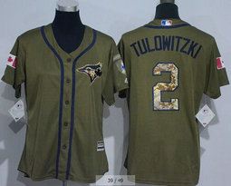 Women's Toronto Blue Jays #2 Troy Tulowitzki Green Salute To Service Stitched MLB Jersey