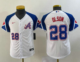 Youth Nike Atlanta Braves #28 Matt Olson white #28 on front 2023 City Authentic Stitched MLB Jersey