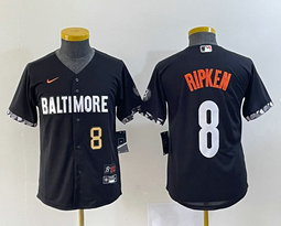 Youth Nike Baltimore Orioles #8 Cal Ripken Black 2023 City Gold 8 on front Stitched MLB Jersey