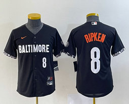 Youth Nike Baltimore Orioles #8 Cal Ripken Black 2023 City White 8 on front Stitched MLB Jersey