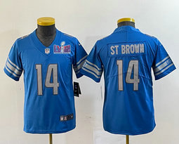 Youth Nike Detroit Lions #14 Amon Ra St Brown Blue With 2024 Super Bowl (LVIII ) patch Jersey