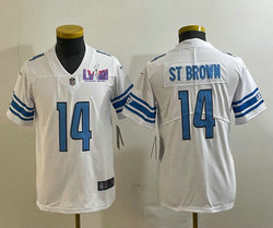 Youth Nike Detroit Lions #14 Amon Ra St Brown White With 2024 Super Bowl (LVIII ) patch Jersey