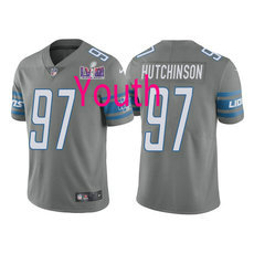 Youth Nike Detroit Lions #97 Aidan Hutchinson Gray With 2024 Super Bowl (LVIII ) patch Jersey