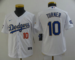 Youth Nike Los Angeles Dodgers #10 Justin Turner White Gold Blue Number Champions Authentic Stitched MLB Jersey