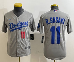 Youth Nike Los Angeles Dodgers #11 Roki Sasaki Grey Baseball Jersey