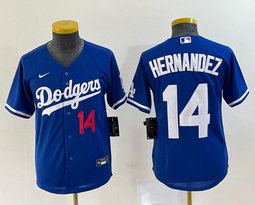 Youth Nike Los Angeles Dodgers #14 Enrique Hernandez Blue Red 14 in front Authentic Stitched MLB Jersey