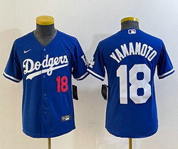 Youth Nike Los Angeles Dodgers #18 Yoshinobu Yamamoto Blue #18 on front Stitched Baseball Jersey