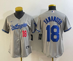 Youth Nike Los Angeles Dodgers #18 Yoshinobu Yamamoto Gray Red 18 on front Stitched Baseball Jersey