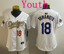Youth Nike Los Angeles Dodgers #18 Yoshinobu Yamamoto White Golden Champion Champion God Dodgers Front Jersey