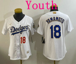 Youth Nike Los Angeles Dodgers #18 Yoshinobu Yamamoto White Golden Champion Stitched MLB Jersey