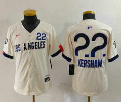 Youth Nike Los Angeles Dodgers #22 Clayton Kershaw Cream 2024 City 50 Front The number is above the name Jersey