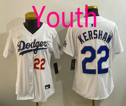 Youth Nike Los Angeles Dodgers #22 Clayton Kershaw White Golden Character Stitched MLB Jersey