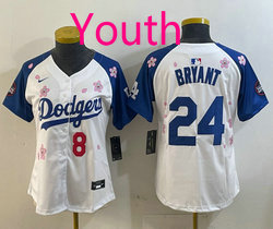 Youth Nike Los Angeles Dodgers #24 Kobe bryant White #8 Blue arm 2025 Tokyo Series Jersey
