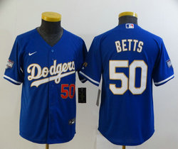 Youth Nike Los Angeles Dodgers #50 Mookie Betts Blue Gold Name Champions Authentic Stitched MLB Jersey