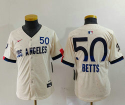 Youth Nike Los Angeles Dodgers #50 Mookie Betts Cream 2024 City 50 Front The number is above the name Jersey