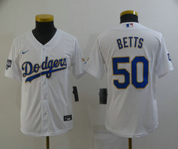 Youth Nike Los Angeles Dodgers #50 Mookie Betts White Gold Blue Number Champions Game no number on front Jersey