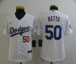 Youth Nike Los Angeles Dodgers #50 Mookie Betts White Gold Blue Number Champions Number front Game Jersey