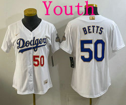 Youth Nike Los Angeles Dodgers #50 Mookie Betts White Golden Champion Stitched MLB Jersey