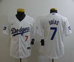 Youth Nike Los Angeles Dodgers #7 Julio Urias White Gold Blue Number Champions Game Number front Game Jersey