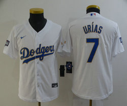 Youth Nike Los Angeles Dodgers #7 Julio Urias White Gold Blue Number Champions no number on front Jersey