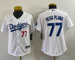 Youth Nike Los Angeles Dodgers #77 Peso Pluma White Red 77 in front Authentic Stitched MLB Jersey