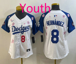 Youth Nike Los Angeles Dodgers #8 Enrique Hernández White Blue arm 2025 Tokyo Series Jersey