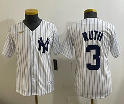 Youth Nike New York Yankees #3 Babe Ruth White Stripe With Name Throwback MLB Jersey