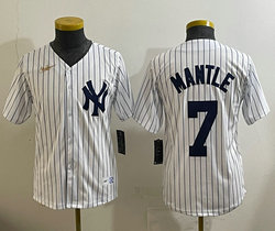 Youth Nike New York Yankees #7 Mickey Mantle White Stripe With Name Throwback MLB Jersey