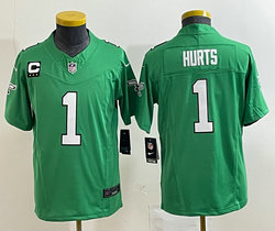 Youth Nike Philadelphia Eagles #1 Jalen Hurts Green Throwback C patch 2023 F.U.S.E. Authentic stitched NFL jersey