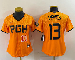 Youth Nike Pittsburgh Pirates #13 KeBryan Hayes Gold City Red 22 in front Authentic stitched MLB jersey